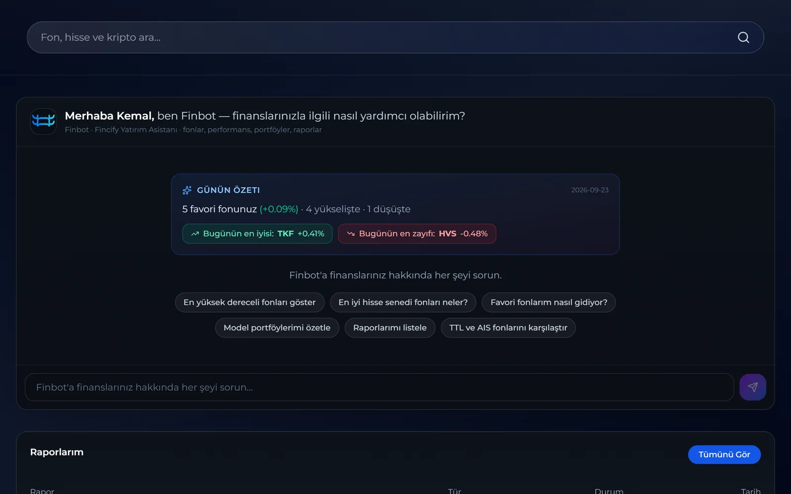 Finbot ve Günün Özeti kartı, Finicify Terminal ana sayfasında