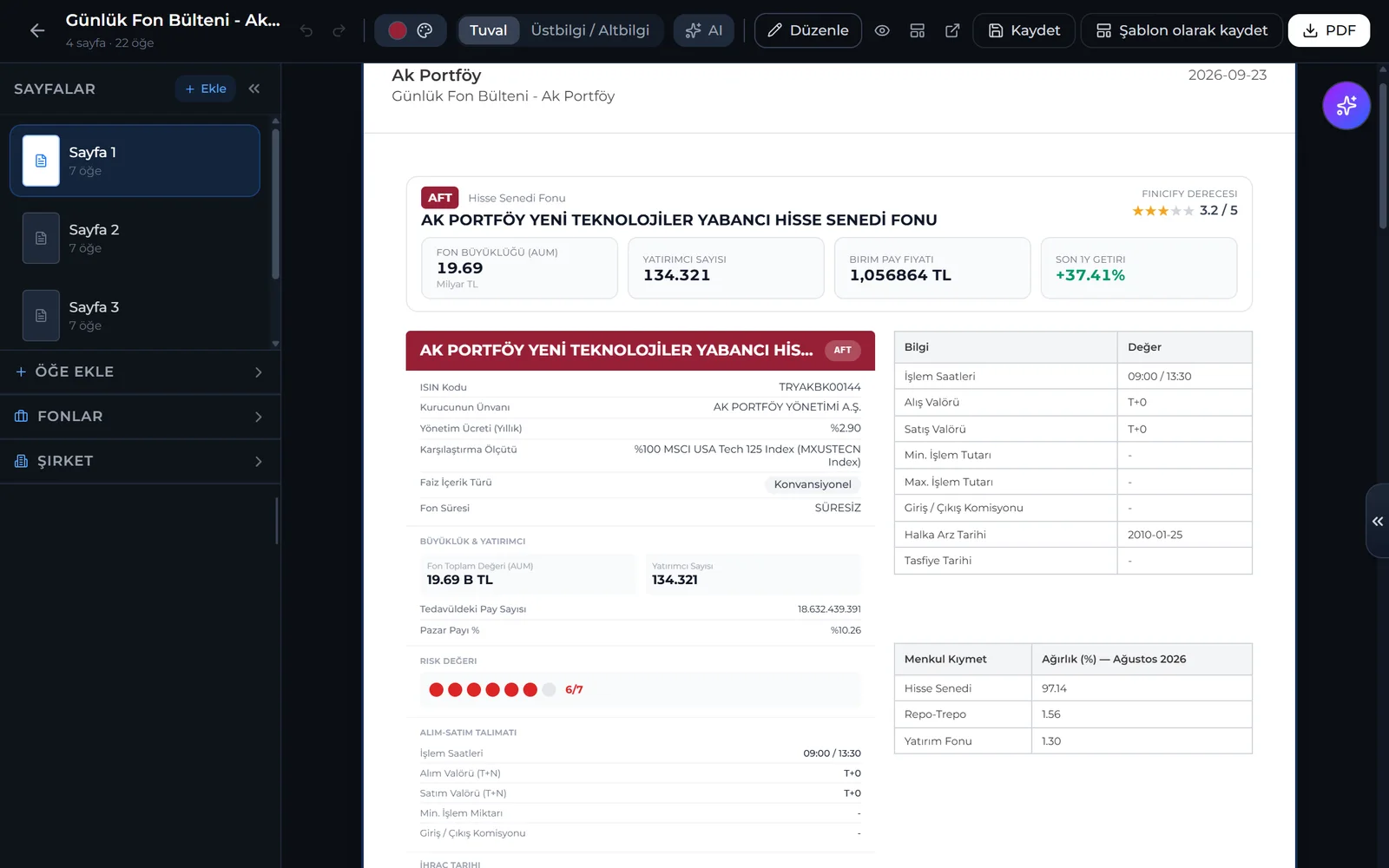 Finicify Terminal rapor oluşturucusunda hazırlanan markalı fon bülteni